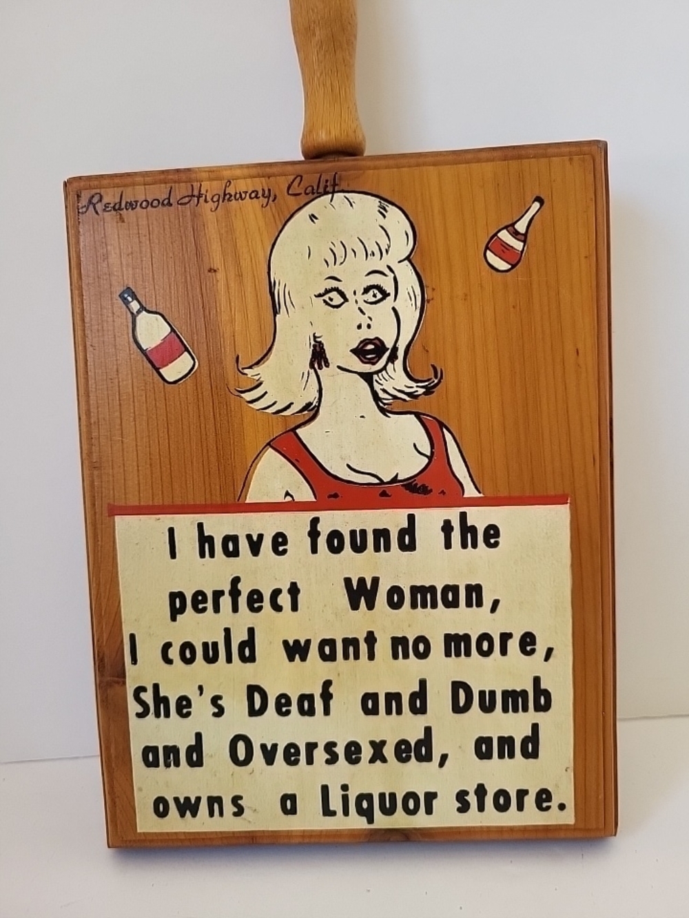 Vintage 1960s Redwood Souvineer Wall Plaque with Blonde Pin-Up and Humor